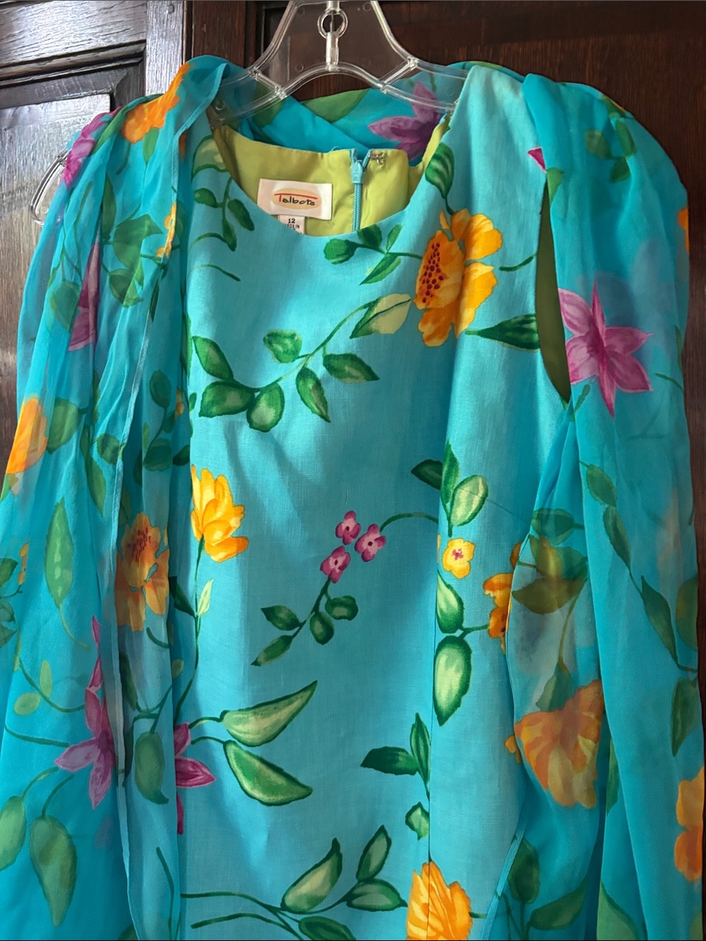 Talbots Turquoise Floral Shift Dress with matching silk scarf - Picture 3 of 8
